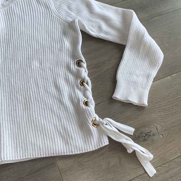 Michael Kors White Ribbed Sweater With Gold Tie Detail Medium - Picture 4 of 10